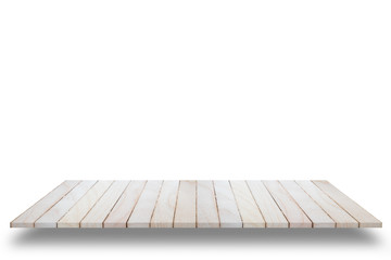 Empty top view of wooden table or counter (shelf) isolated on wh