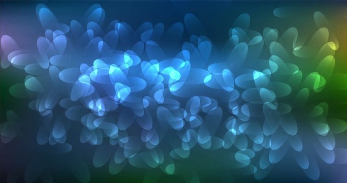 Abstract dark blue background with rotating transparent flower shapes and glow. 