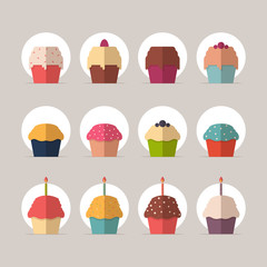 Collection of Cupcakes. Flat Design Style.