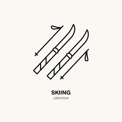 Vector thin line icon of ski and poles. Winter recreation equipment rent logo. Outline symbol of skiing. Cold season activities sign.