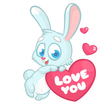 Funny cartoon bunny rabbit with heart and text Love You. Vector Illustration can be used as print or card for St Valentines Day