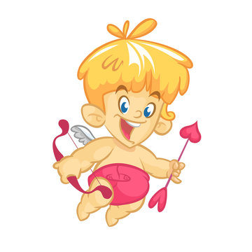 Funny cupid cartoon character with bow and arrow. Vector illustration for Valentine's Day isolated on white. Great for cards and decoration