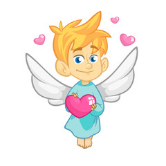 Illustration of a Baby Cupid Hugging a Heart. Cartoon illustration of Cupid character for St Valentine's Day
