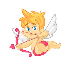 Funny little Cupid aiming at someone with an arrow of love. Cartoon illustration of a Valentine's Day. Vector. Isolated on white background