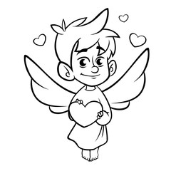 Illustration of outlined baby cupid hugging a heart . Cartoon coloring illustration of Cupid character for St Valentine's Day isolated on white
