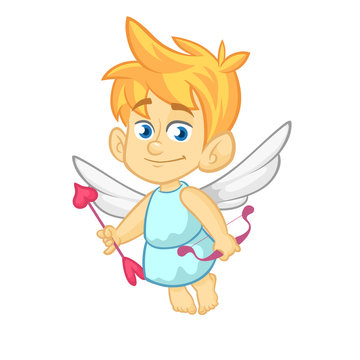 Funny cupid cartoon character with bow and arrow. Vector illustration for Valentine's Day isolated on white. Great for cards and decoration