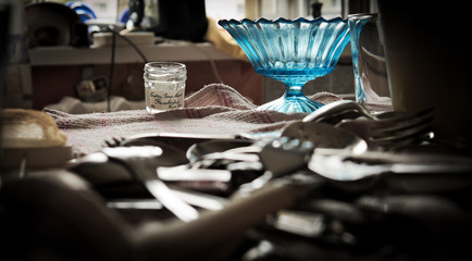 blue glass vase on the kitchen table