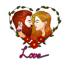 Colorful vector illustration for Saint Valentine's card. Vector image man kissing woman. Two young people are kissing inside frame from flowers. Invitation on the wedding with text "love"