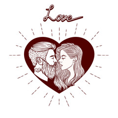 Black and white vector illustration for Saint Valentine's card. Vector image man fall in love with woman. Young modern couple  inside heart. Invitation on the wedding with text "love"