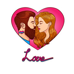 Colorful vector illustration for Saint Valentine's card. Vector image man kissing woman. Two young people are kissing on the heart background of pink color. Invitation on the wedding with text "love"