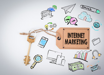 Internet Marketing Concept. Key and a note on a white background. 