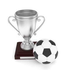 Isolated silver cup with ball on white background. Soccer and football. Second place trophy. Game and competition. 3D rendering