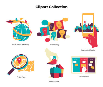 Clipart web, social, tecnologia, ricerca, costruzione, gestione, 
