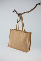 Jute bag hanging on a tree branch