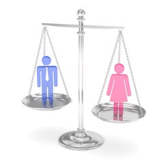 Isolated old fashioned silver pan scale with colorful man and woman on white background. Gender inequality. Equality of sexes. Law issues. Silver model. 3D rendering.