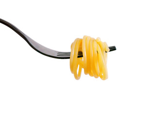 Spaghetti on black fork isolated on white