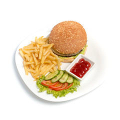 Hamburger with french fries on a white background