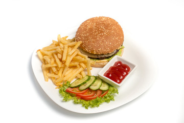 Hamburger with french fries on a white background