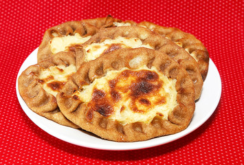 patty with potatoes in a white plate on a red background