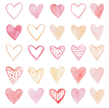 Happy Valentines Day watercolor hearts background vector illustration.