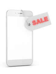 White smart phone with red sale label on white background. Best offer. Leader of sales. 3D rendering.