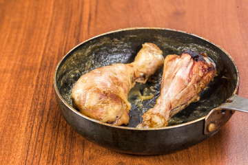 Fried chicken legs in a frying pan