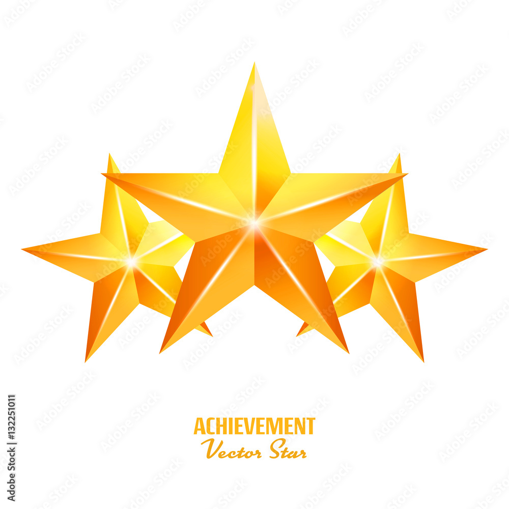 Poster Three Achievement Vector Stars. Yellow Sign. Golden Decoration Symbol. 3d Shine Icon Isolated On White Background.