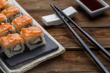 Delicious fresh rolls with salmon closeup