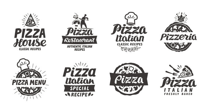 Pizza set logo, label, element. Pizzeria, restaurant, food icons. Vector illustration
