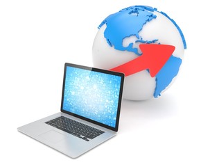 Laptop network and earth globe. 3d render