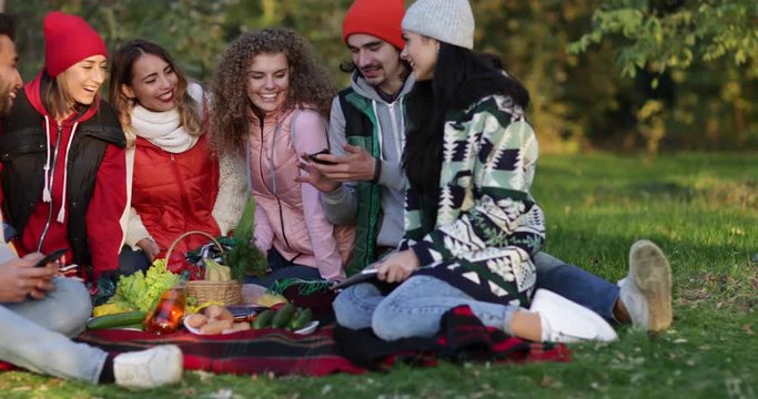 Friends Picnic Mix Race People Group Sitting Blanket Taking Selfie Photo Outdoor Autumn Park Slow Motion 60