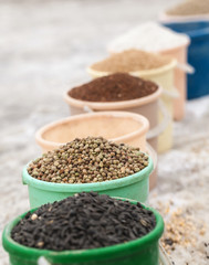 grain in a bucket for sale at the street market