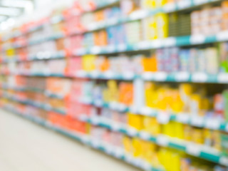 Blurred colorful supermarket products on shelves