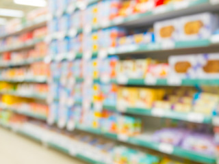 Blurred colorful supermarket products on shelves