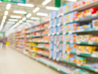 Blurred colorful supermarket products on shelves