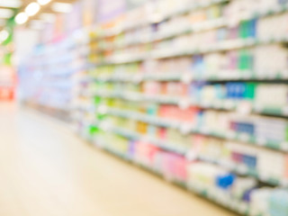 Blurred colorful supermarket products on shelves