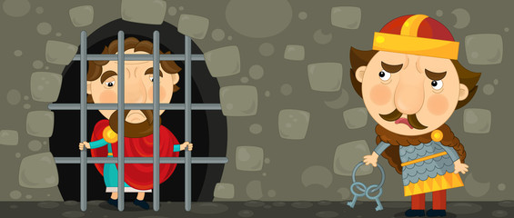 Cartoon happy and funny knight or king in prison