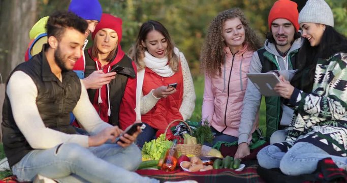 Friends Picnic Mix Race People Group Sitting Blanket Taking Selfie Photo Outdoor Autumn Park Slow Motion 60