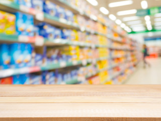Blurred colorful supermarket products on shelves