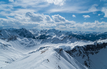 Ski touring track in beautiful sunny winter landscape, Kleinwalsertal, Austria