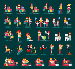 Set of People on Dark Background. Isolated Flat Vector Illustration.