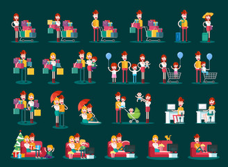 Set of Familiar People Scenes on Dark Background. Isolated Flat Vector Illustration.