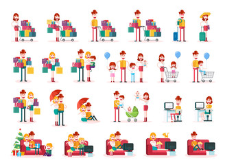 Fototapeta premium Set of Familiar People Scenes on White Background. Isolated Flat Vector Illustration.