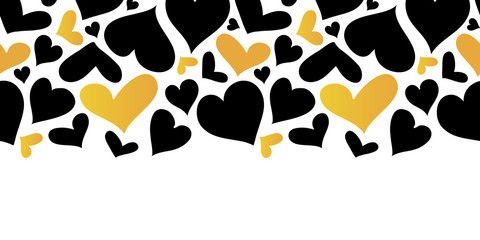 Vector Gold and Black Hearts Horizontal Seamless Pattern Border. Valentines day romantic background.