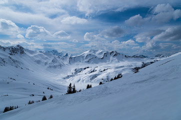 Ski touring track in beautiful sunny winter landscape, Kleinwalsertal, Austria