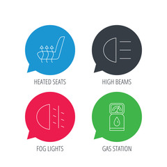 Colored speech bubbles. Petrol station, fog lights and heated seats icons. Gas fuel station linear sign. Flat web buttons with linear icons. Vector