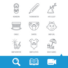 Newborn clothes, diapers and sleep hat icons. Thermometer, baby girl and cradle linear signs. Beach games, monitoring flat line icons. Video cam, book and magnifier search icons. Vector