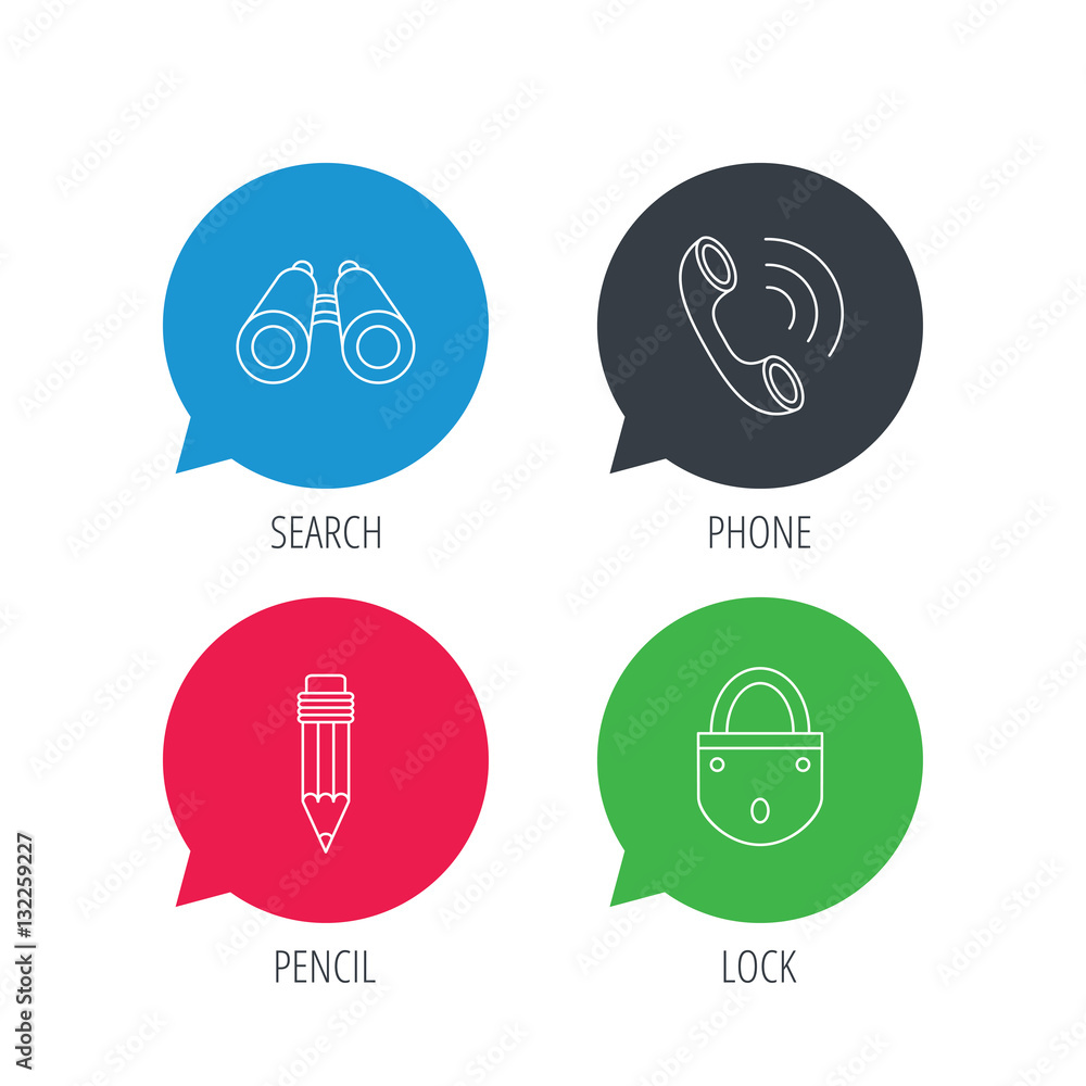 Poster colored speech bubbles. phone call, pencil and search icons. lock linear sign. flat web buttons with
