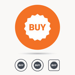 Buy icon. Online shopping star symbol. Orange circle button with web icon. Star and square design. Vector
