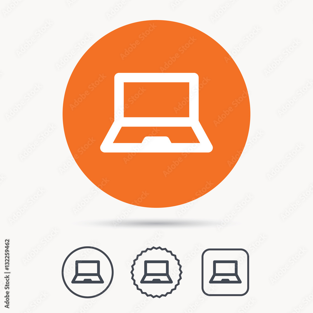 Poster computer icon. notebook or laptop pc symbol. orange circle button with web icon. star and square des